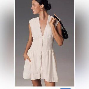 New Anthropologie Dress The Tommie Smocked Front-Zip  size XL white Mini